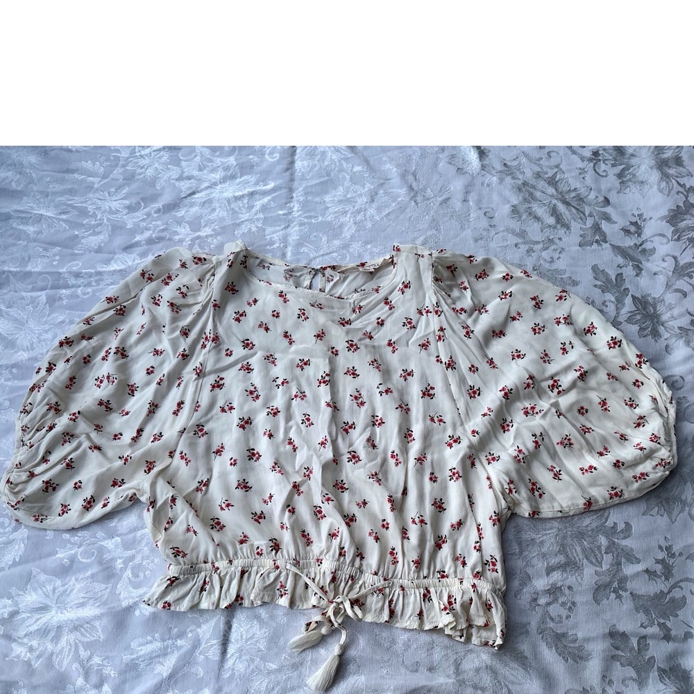 Vanilla‎ Star Floral Puff Sleeve Crop Top Women Large Cream Red Excellent Boho